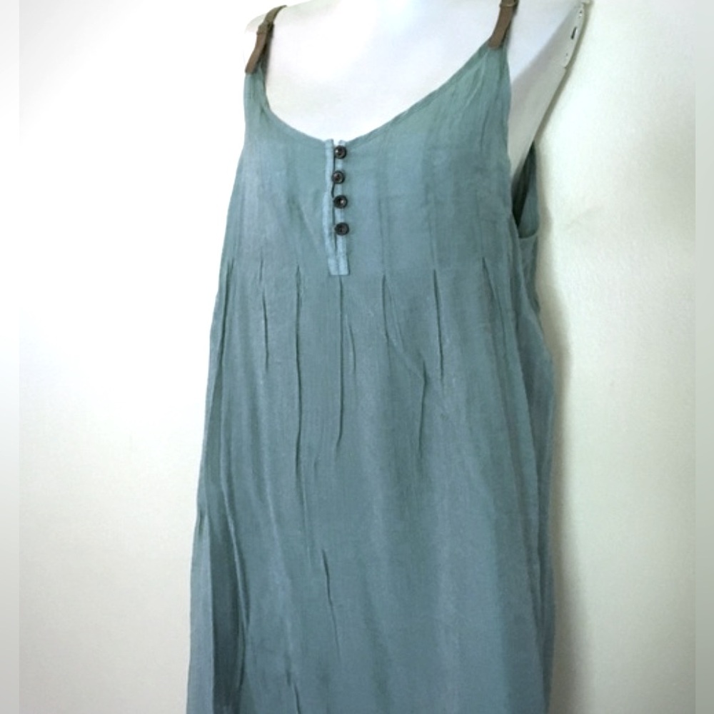 NOELLE Sz S-M Blue Green Dress Brown Leather Straps Pullover Ruffled Hem Ex